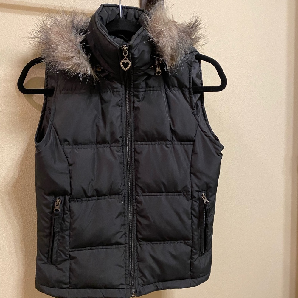Faux Fur Hooded Black Poof Vest